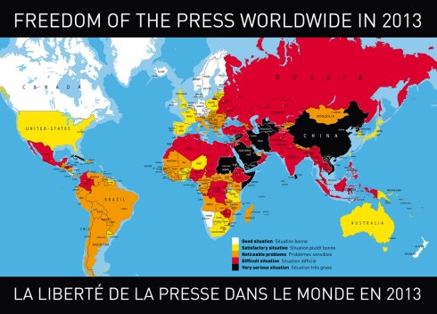 A map produced by Reporters Without Borders showing levels of press freedom)